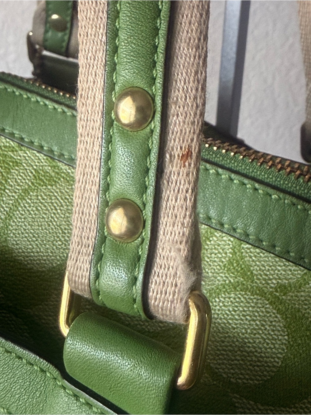 Coach Lime Green Signature Stripe Satchel with White Accents - Picture 5 of 12